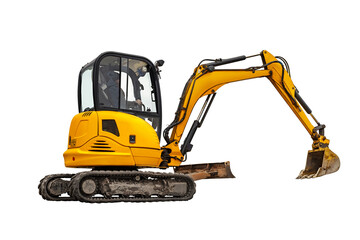 Small or mini yellow excavator isolated on white background. Construction equipment for earthworks in cramped conditions. Rental of construction equipment. - obrazy, fototapety, plakaty