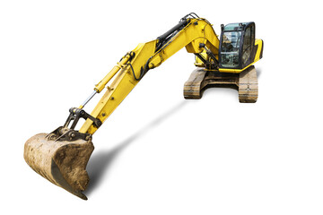Crawler excavator with extended boom and big bucket isolated on white background. Powerful...