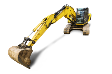 Crawler excavator with extended boom and big bucket isolated on white background. Powerful excavator with an extended bucket close-up. element for design. Rental of construction equipment.