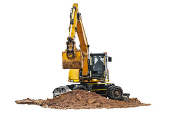 Wheeled excavator isolated on white background. Quarry excavator digs the ground close-up. Modern...
