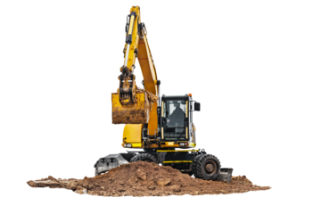 Wheeled excavator isolated on white background. Quarry excavator digs the ground close-up. Modern building equipment for earthworks. element for design. Rental of construction equipment.
