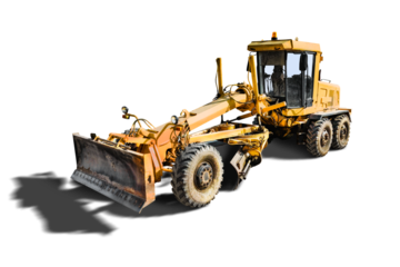 Powerful construction grader isolated on white background. Grader for land planning the ground close-up. Building equipment for earthworks. Rental of construction equipment.