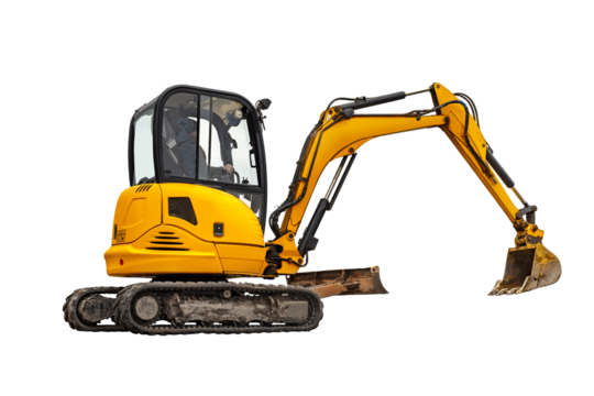 Small or mini yellow excavator isolated on white background. Construction equipment for earthworks in cramped conditions. Rental of construction equipment.