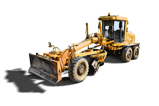 Powerful construction grader isolated on white background. Grader for land planning the ground close-up. Building equipment for earthworks. Rental of construction equipment.