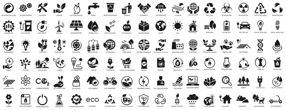 Ecological icon set, green vector environment, energy sign and symbol concept. Vector illustration