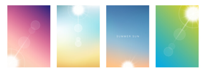 Summer Sun. Summertime backgrounds with soft color gradients. Sunrise and Sundown. Templates for your seasonal graphic design. Vector illustration.