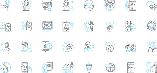 Online support linear icons set. Assistance, Helpdesk, Guidance, Solutions, Support, Counseling, Advice line vector and concept signs. Coaching,Service,Consultation outline illustrations