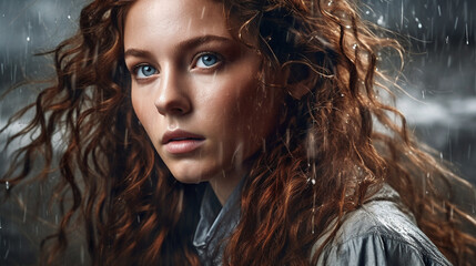 Fototapeta premium Portrait of beautiful young woman with water soaked hair. Generative AI image