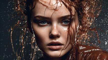 Portrait of beautiful young woman with water soaked hair. Generative AI image