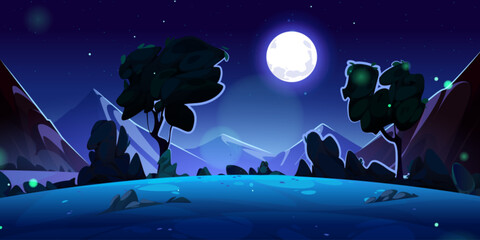 Naklejka premium Night mountain valley landscape illustration cartoon vector illustration. Beautiful and wild dark nature scenery environment for expedition trip in Canada. Flying firefly under full moon light in sky