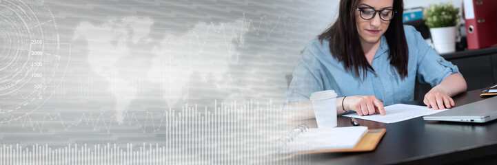 Businesswoman checking document; panoramic banner