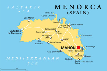 Menorca, or Minorca, political map, with capital Mahon or Port Mahon, official Mao. Island of the autonomous community of the Balearic Islands, located in the Mediterranean Sea, and part of Spain.
