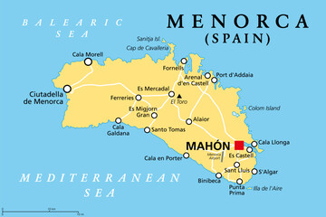 Fototapeta premium Menorca, or Minorca, political map, with capital Mahon or Port Mahon, official Mao. Island of the autonomous community of the Balearic Islands, located in the Mediterranean Sea, and part of Spain.