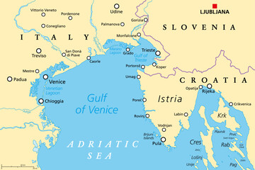 Gulf of Venice, political map. Limited by the Po Delta in Italy and the Istrian Peninsula in Croatia, also bordered by Slovenia. With the Gulf of Trieste, extreme northern part of the Adriatic Sea.