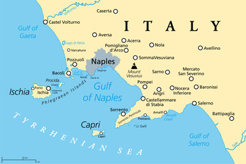 Gulf of Naples, political map. Also Bay of Naples, located along south-western coast of Italy, opening to the Tyrrhenian Sea. Campanian volcanic arc with islands Ischia and Capri and Mount Vesuvius.