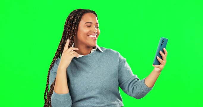 Selfie, woman and blowing kiss on green screen in studio isolated on a background. Happiness, air kissing and African female person taking photo for profile picture, video call and memory for love.