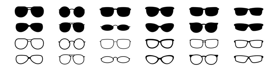 Glasses icon set. Linear and silhouette sun glasses. - 597084842