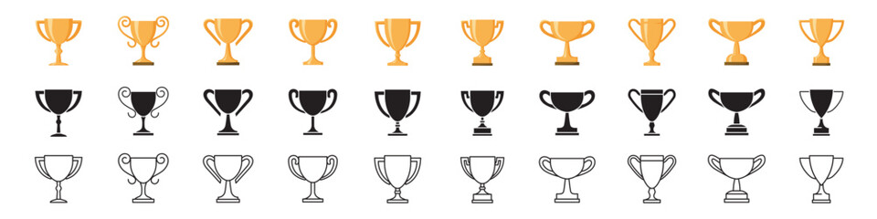 Trophy cup icons set. Flat, silhouette, linear style. - obrazy, fototapety, plakaty