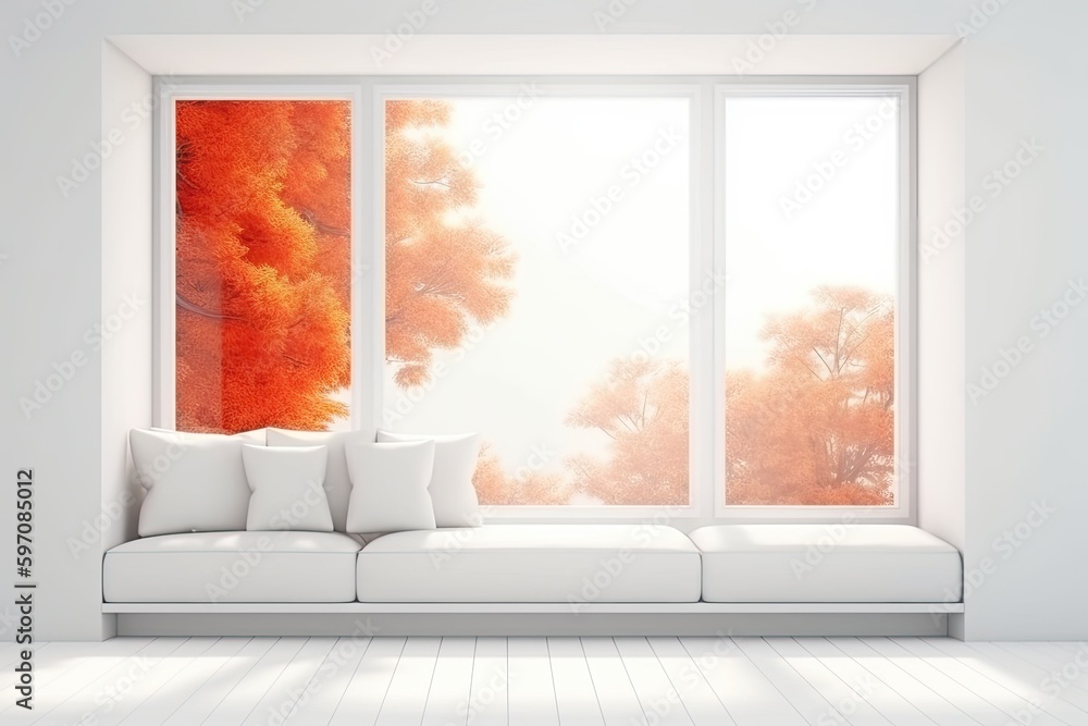 Poster minimalist white couch placed in front of a large window with natural light pouring in. generative a