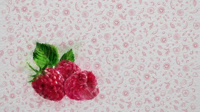 Watercolor Fruits and Vegetables. Raspberry. Text and Price can be Written on the Right Side or Top Side of the Image. Nutritional Values can be Written. Or Logo can be Put. 54