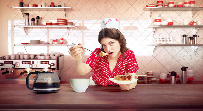 Stylish young female waitress in retro american fashion style of 70s, 80s sitting at table and eating pie over 3D model of diner interior, restaurant - Powered by Adobe