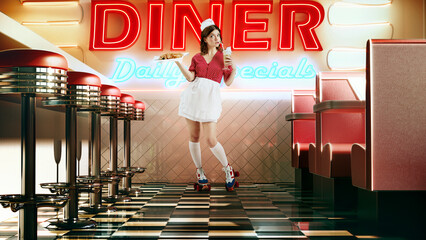 Young beautiful girl, waitress in retro style clothes holding food tray and drinking milkshake over 3D model of diner interior, restaurant. Vintage cafe service