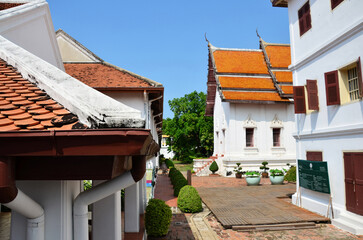 Ancient ruins buildings and antique architecture Phiman Mongkut Pavilion of King Narai Ratchaniwet Palace for thai people foreign travelers visit explore learning at Lopburi city in Lop Buri, Thailand