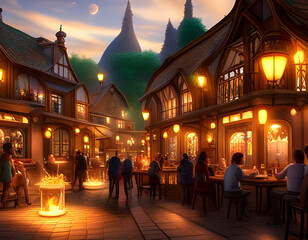 Obraz premium Cozy magical café courtyard at night. Warm glow over patrons relaxing at the tables. Urban night background. Digital illustration. CG Artwork Background