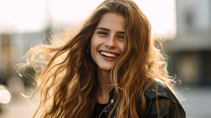 Smiling woman with long wavy hair, sunset light, on city street. Generative AI image - obrazy, fototapety, plakaty