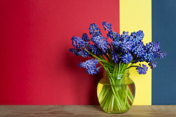 Muscari flowers in a vase on an old wooden table. Minimal floral composition. Happy mother's day, women's day, birthday or wedding. Copy space