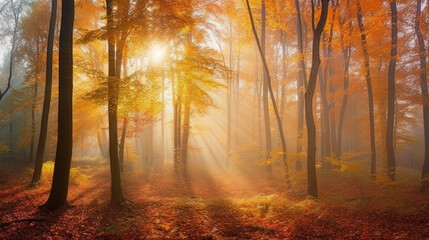 Naklejka na ściany i meble Magical autumn forest with sun rays in the evening. Trees in fog. Colorful landscape with foggy forest, gold sunlight, and orange foliage at sunset