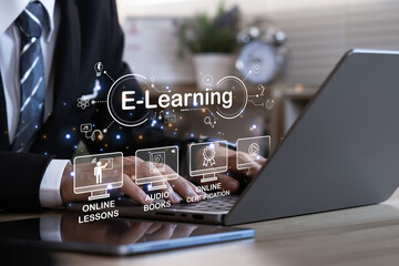 e-learning education concept, learning online with webinar, video tutorial, internet lessons..