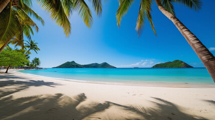Fototapeta na wymiar a beach with palm trees, blue water and mountains