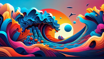 Vibrant Tidal Wave, Stunning Abstract Image, Dynamic Scene, High Resolution, 8K Real-Time Rendering. Generative AI