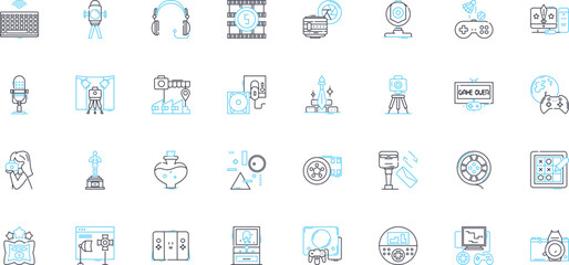 Content creation linear icons set. Blogging, Writing, Social media, Video, Infographics, Podcasts, E-books line vector and concept signs. Email,Graphics,Photography outline illustrations