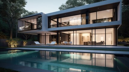 Fototapeta premium Majestic New York Mansion, Sleek Minimalist Design, Impressive Pool and Garden Scenery, Upscale Lifestyle, Architectural Triumph, Generative AI Illustration