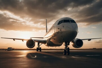 Fototapeta na wymiar Plane parked on runway under vibrant sky. Generative AI