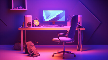 Modern 3d illustration of gaming room with all accessories, Gaming chair, Gaming PC, gradient background