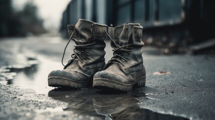 Abandoned Soldier's Military Boots, Forgotten Footwear, Symbol of Bravery, Poignant Moment, War Remnants, Generative AI Illustration