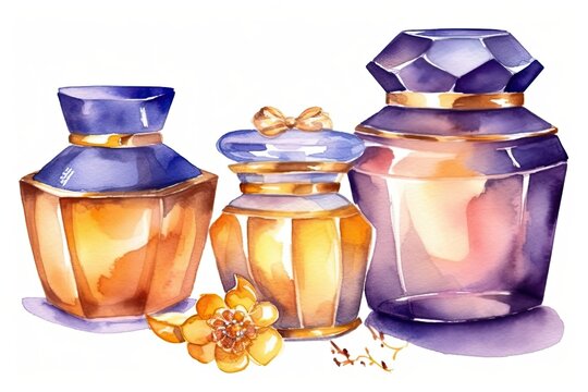 watercolor painting featuring three jars and a flower. Generative AI