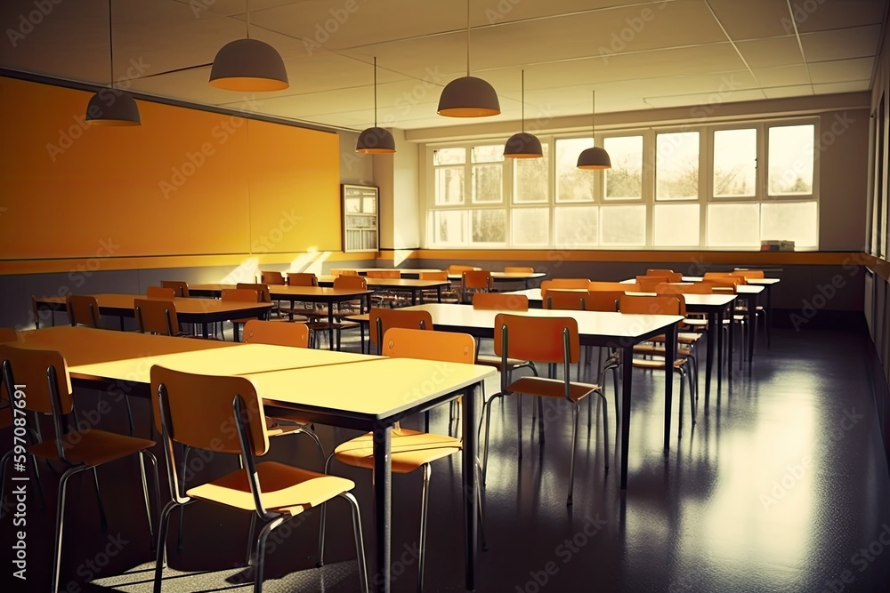 Poster an empty classroom with yellow desks and chairs. generative ai