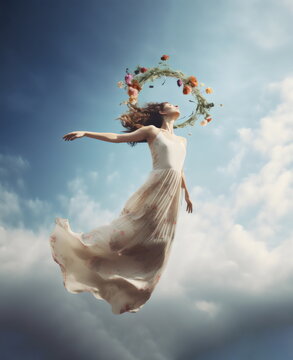 ethereal woman in white dress floating in sky with flowers, made with generative ai