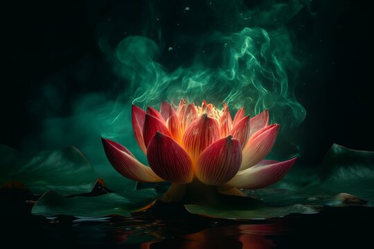 Beautiful spectral light green lotus lotus surrounded from generative ai