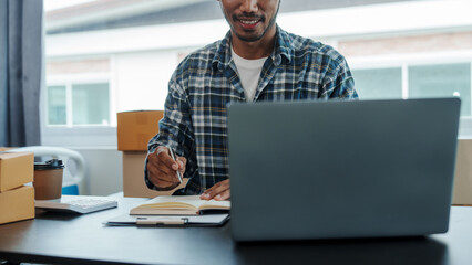 Mixed race Asian indian ethnicity young man chinese transport shipment delivery service sme parcel cardboard box package on delivery small business owner SME, shopping online