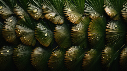 Solid background of palm leaves with raindrops created with generative AI technology