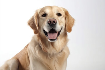 Portrait of a blond Labrador retriever looking at the camera with a big happy smile on a white background. Generative AI