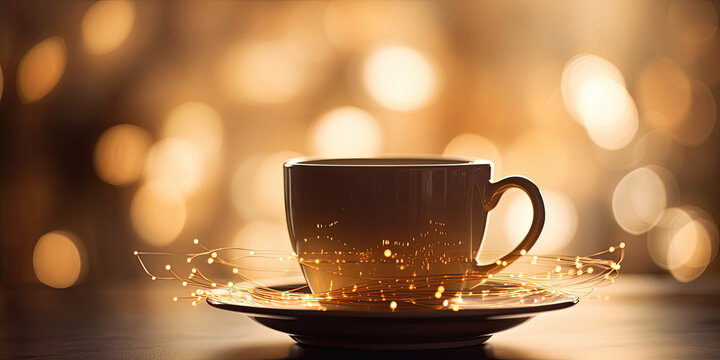 cup of coffee with string of lights. Generative AI image.