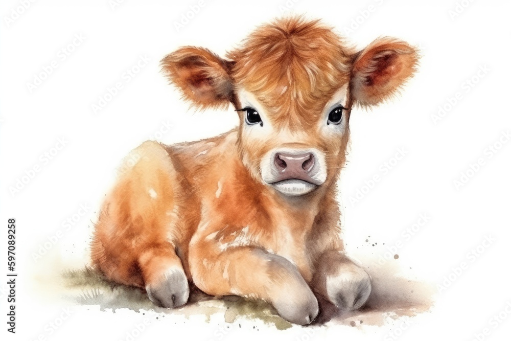Poster serene calf resting in a field. generative ai