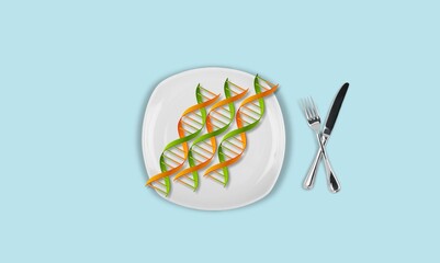 DNA structure on plate on colored background