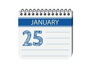 25 january one day notebook, memo, diary, appointment calendar vector. Blue 3d one day appointment calendar illustration. Abstract three dimensional daily date appointment, agenda, event calendar. 